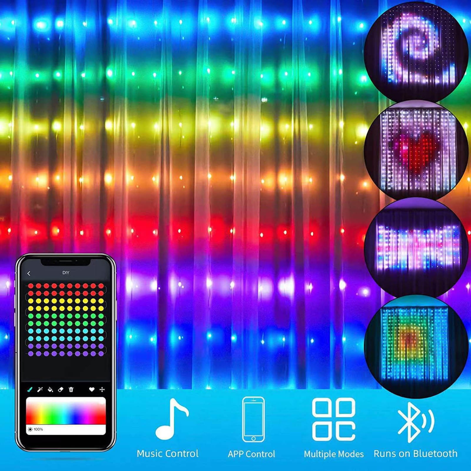 WZHXIN Led Lights,App Controlled Programmable Colorful Curtain Light