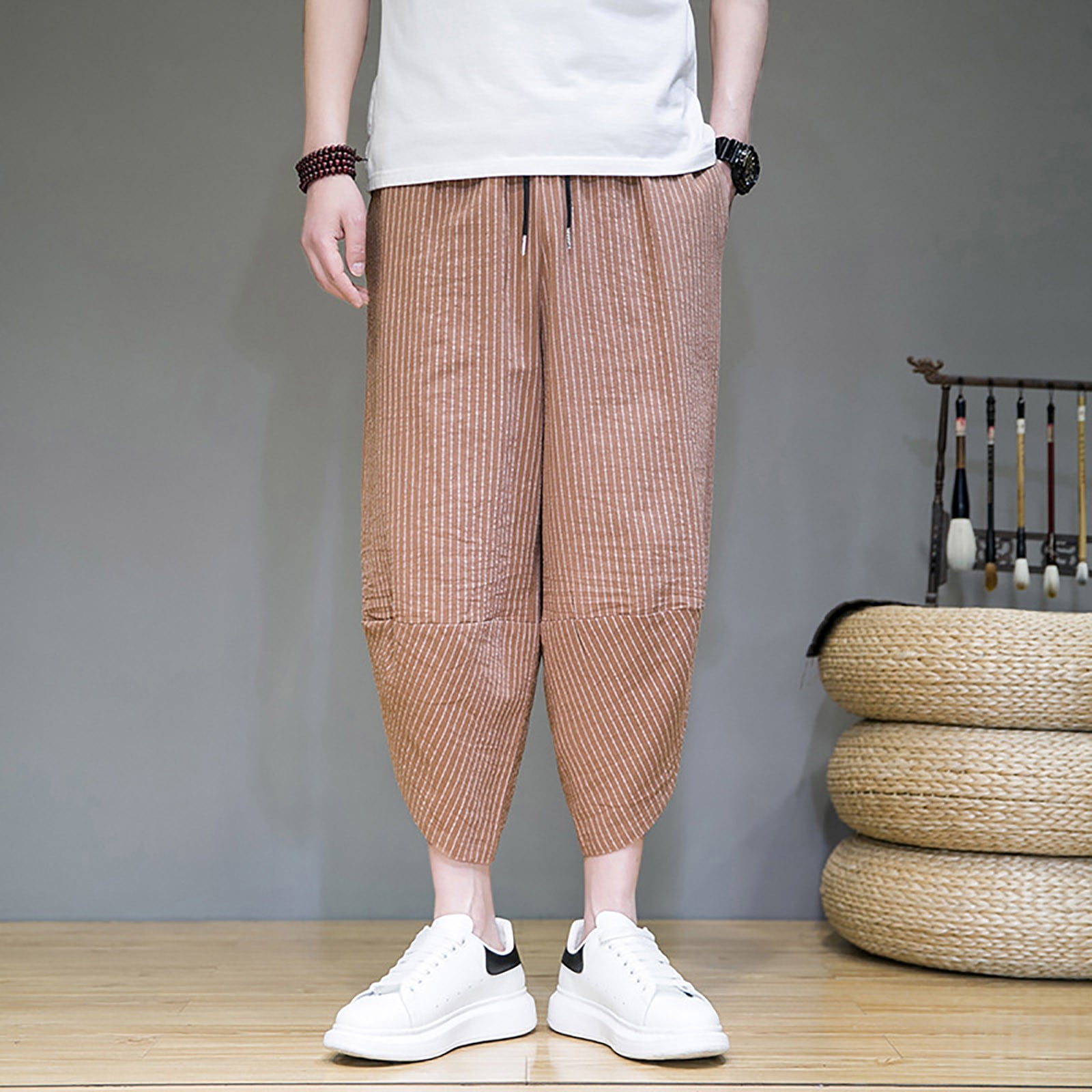 WZJuhiie Summer Cropped Pants Men s Retro Striped Casual Pants Trend Large Size Baggy Wide Leg Knickers Walmart