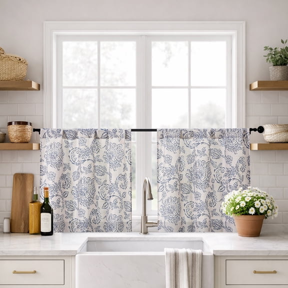 OVZME Dark Blue Floral Kitchen Tier Curtains 24 Inch Length, Light Filtering Rod Pocket Cafe Curtains for Small Window, Bathroom, Laundry, RV and Camper, 30"W x 24"L, 2 Panels