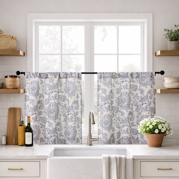 OVZME Dark Blue Floral Tier Curtains 30 Inch Length, Farmhouse Light Filtering Cafe Tiers for Small Kitchen Window, Half Curtain for Living Room Bedroom Bathroom, 30"W x 30"L, 2 Panels