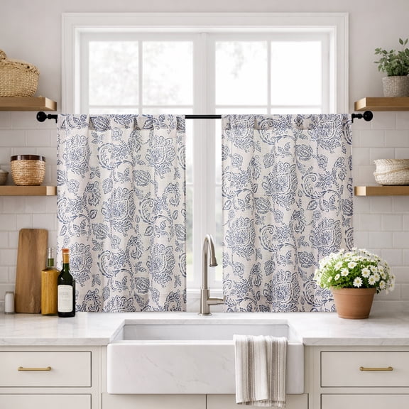 OVZME Dark Blue Floral Light Filtering Tier Curtains 36 Inch Length, Farmhouse Country Rod Pocket Kitchen Curtain for Small Windows, Living Room and Bathroom, 30"W x 36"L, 2 Panels