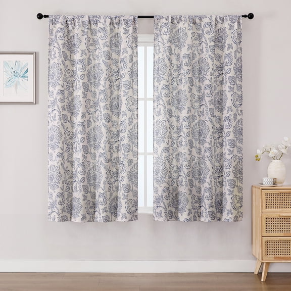 OVZME Dark Blue Floral Farmhouse Rustic Curtains 54 Inch Length, 2 Pack Light Filtering Short Curtain for Small Windows, Decorative Living Room and Bathroom Window Drapes, Each 40"W x 54"L