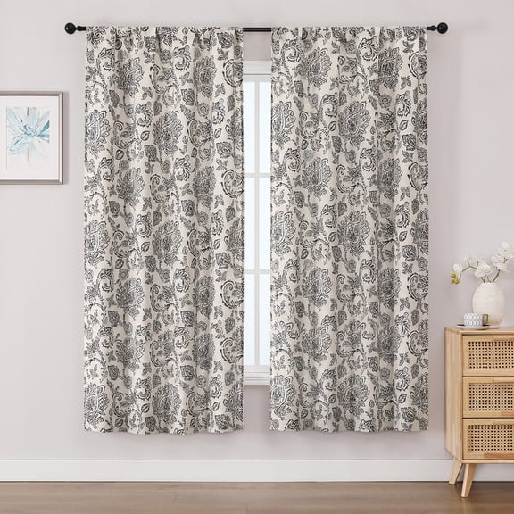 OVZME Black Floral Curtains 63 Inches Long 2 Panels, Light Filtering Faux Linen Textured Window Curtains for Living Room, Soft Airy Farmhouse Bedroom Curtain, Each 40Wx63L