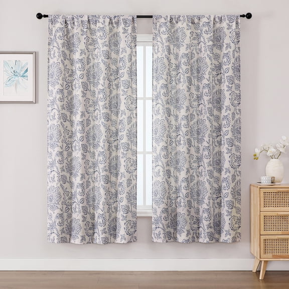 OVZME Dark Blue Floral Curtains 63 Inches Long 2 Panels, Light Filtering Faux Linen Textured Window Curtains for Living Room, Soft Airy Farmhouse Bedroom Curtain, Each 40Wx63L