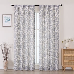 OVZME Dark Blue Floral Printed Curtains 84 Inches Long 2 Panels Set, Farmhouse Faux Linen Light Filtering Rod Pocket Window Drapes for Living Room Bedroom, Each 40"W x 84"L