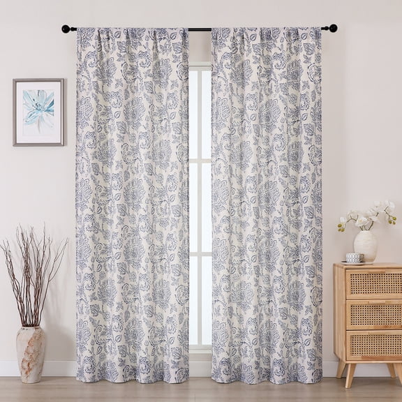 OVZME Dark Blue Floral Printed Curtains 84 Inches Long 2 Panels Set, Farmhouse Faux Linen Light Filtering Rod Pocket Window Drapes for Living Room Bedroom, Each 40"W x 84"L