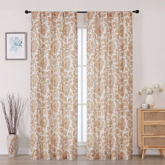 OVZME Orange Floral Printed Curtains 84 Inches Long 2 Panels Set, Farmhouse Faux Linen Light Filtering Rod Pocket Window Drapes for Living Room Bedroom, Each 40"W x 84"L