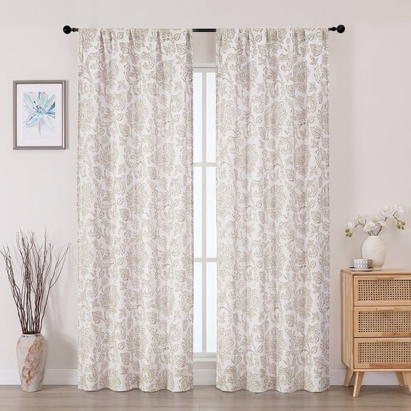 OVZME Taupe Floral Printed Curtains 84 Inches Long 2 Panels Set, Farmhouse Faux Linen Light Filtering Rod Pocket Window Drapes for Living Room Bedroom, Each 40"W x 84"L