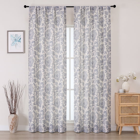 OVZME Dark Blue Floral Farmhouse Curtains 90 Inch Long 2 Panels, Light Filtering Faux Linen Textured Rod Pocket Drapes for Living Room Bedroom, Each 40"W x 90"L
