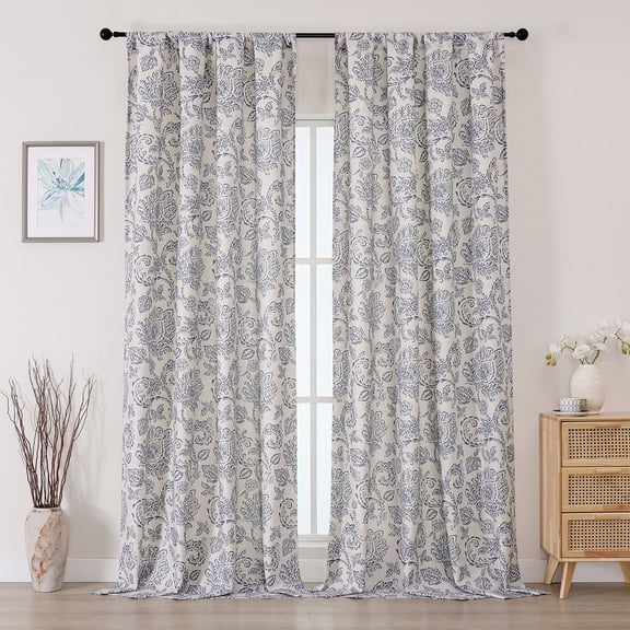 OVZME Dark Blue Floral Curtains 96 Inch Long for Bedroom and Living Room, Light Filtering Rod Pocket Window Drapes, Farmhouse and French Country Style, 2 Panels, Each 40"W x 96"L
