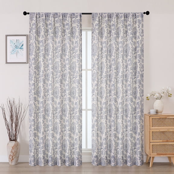 OVZME 2PK Dark Blue Floral Curtains 84 Inches Long for Bedroom and Living Room, French Farmhouse Rod Pocket Drapes with Printed Floral Design, Each 52"W x 84"L