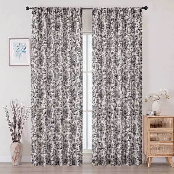 OVZME Black Floral Curtains 90 inched Length 2 Panels Set, Light Filtering Textured Farmhouse Window Curtain Drapes, Rod Pocket Style for Bedroom Living Room, Each 52"W x 90"L