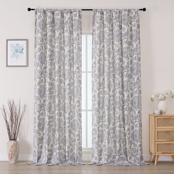 OVZME Farmhouse Curtains 96 Inches Long 2 Panels, Dark Blue Floral Print Rod Pocket Drapes for Living Room Bedroom, 52"W x 96"L Each