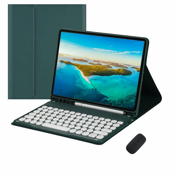 WZOOP Customizable Keyboard Case for iPad 10th 10.9 Inch 2024 with Wireless Mouse, Cute Round Key Color Keyboard, Leather Folio Cover with Pencil Holder, Sky Blue (Dark Green)