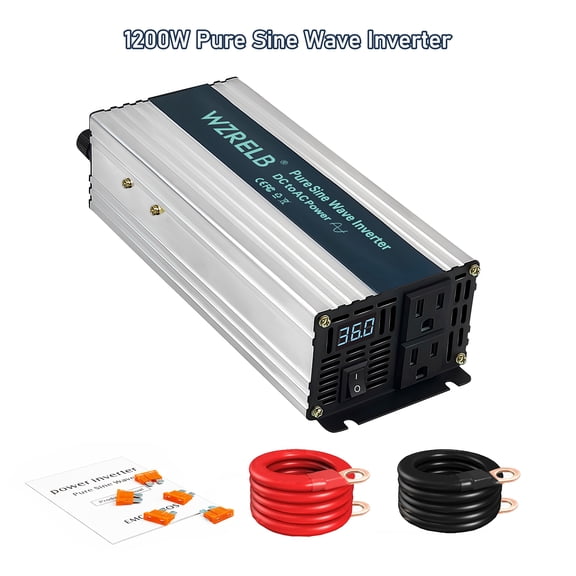 WZRELB 1200W Pure Sine Wave Inverter 36V DC to 110V 120V AC Power Converter with LED Display, Off-Grid Portable Power Inverter with 2 AC Outlets for Home, RV, Truck, Camping