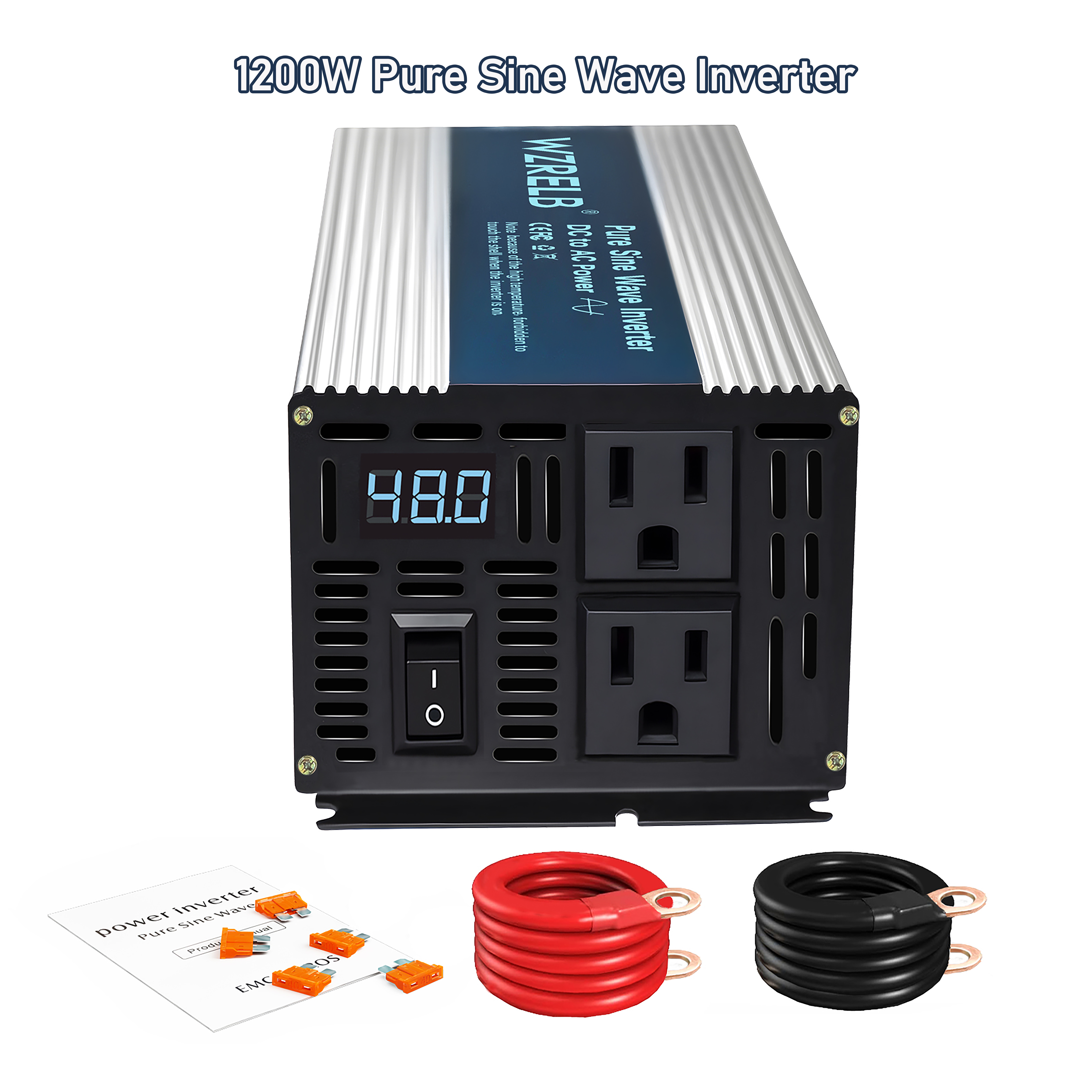 WZRELB 1200W Pure Sine Wave Inverter 48V DC to 110V 120V AC Power Converter with LED Display, Off-Grid Portable Power Inverter with 2 AC Outlets for Home, RV, Truck, Camping