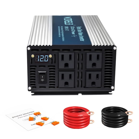 WZRELB 2000W Pure Sine Wave Inverter 12V DC to 110V 120V AC Power Converter with LED Display, Off-Grid Portable Power Inverter with 4 AC Outlets for Home, RV, Truck, Camping