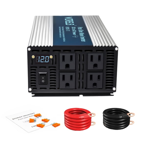 WZRELB 2000W Pure Sine Wave Inverter 12V DC to 110V 120V AC Power Converter with LED Display, Off-Grid Portable Power Inverter with 4 AC Outlets for Home, RV, Truck, Camping