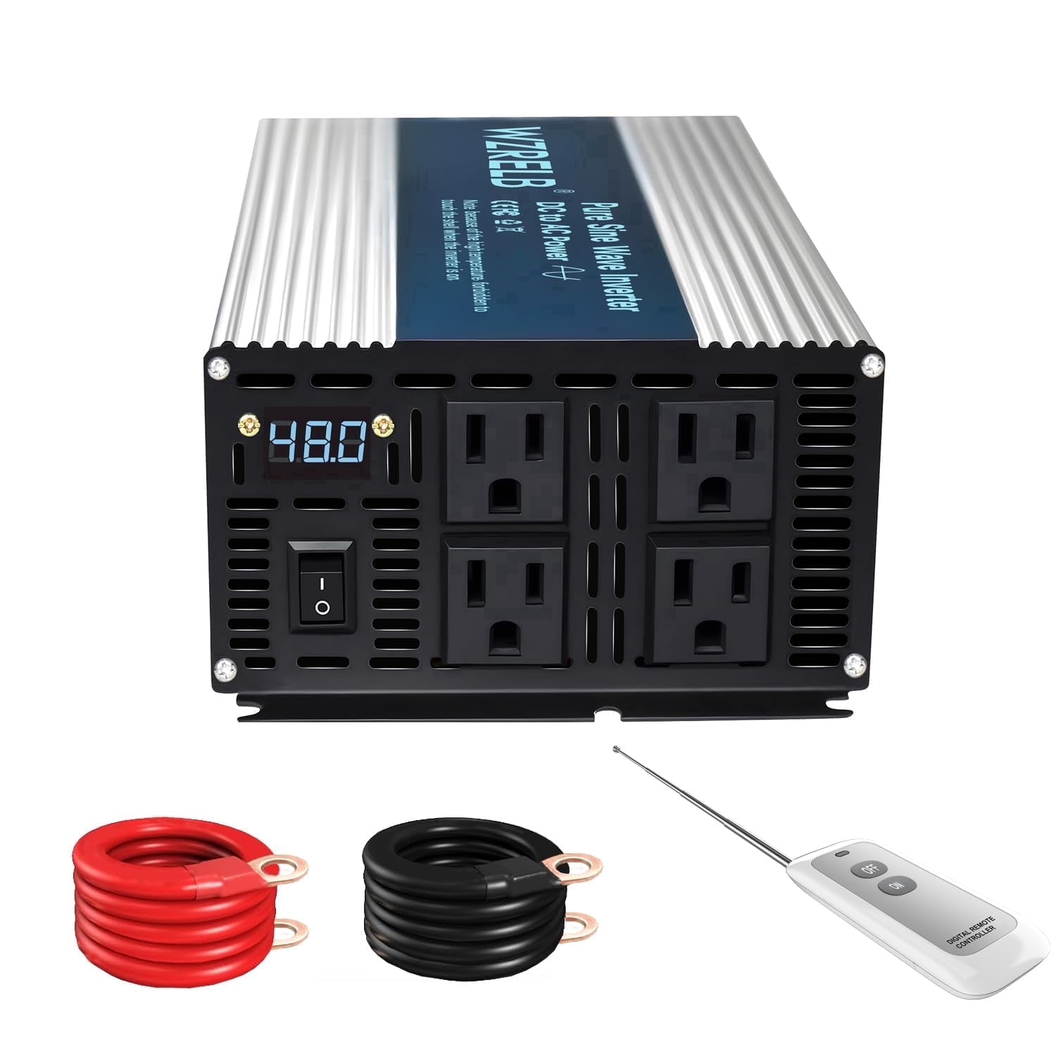 WZRELB 2000W Pure Sine Wave Inverter 48V DC to 110V 120V AC Power Converter with LED Display, Remote Controller, Off-Grid Power Inverter 4000W Surge with 4 AC Outlets,for Home, RV, Truck, Camping