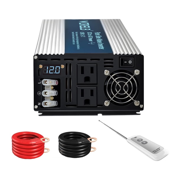 WZRELB 3000W Pure Sine Wave Inverter 12V DC to 110V 120V AC with LED Display,Remote Controller,Off-Grid Power Converter 6000W Surge with Dual AC Outlets, Home, RV, Truck, Camping