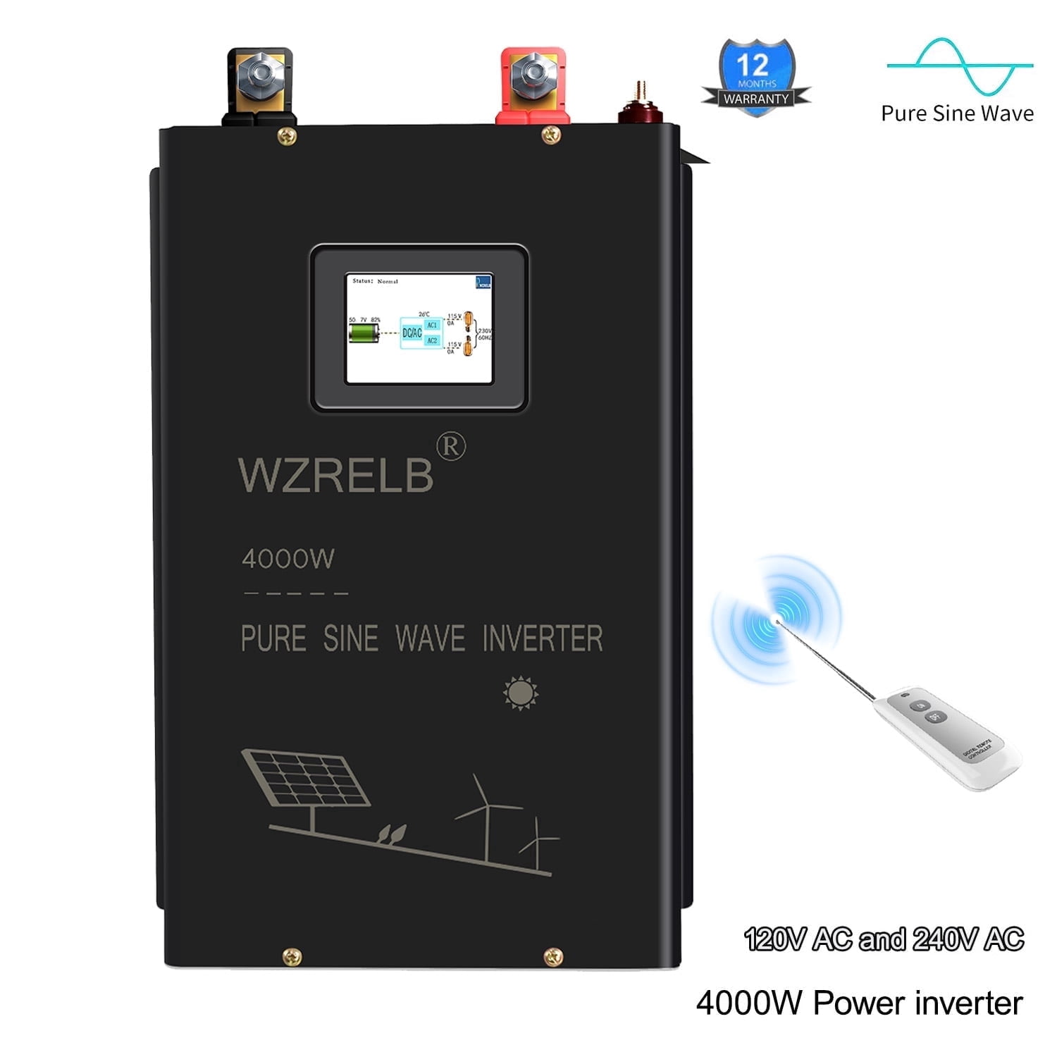 WZRELB 4000W 48V Pure Sine Wave Inverter, 48V DC to 120V/240V Split Phase Power Inverter, 8KW Surge, 5 AC Outlets, AC Hardwire Terminal, High Efficiency up to 91.6%, Wireless Remote