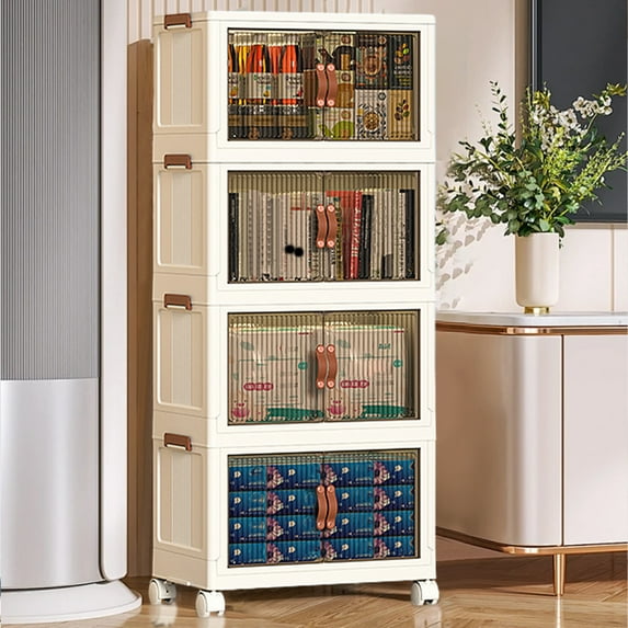 WZTO Foldable Storage Bins | Multipurpose 4-Layer Stackable Cabinet | White Cabinet with Rotating Wheels for Bedroom, Household Closet Organizer with Handles