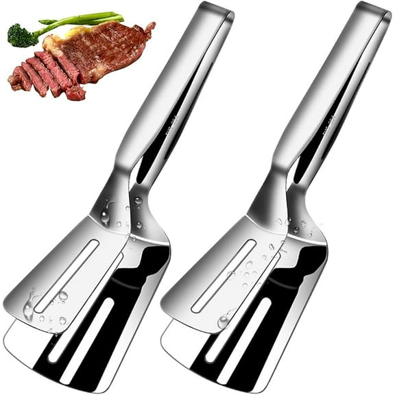 WZW 12 Inch Long Kitchen Spatula, 304 Stainless Steel, Slotted Spatula, Double Blade, Cooking and Serving Utensil for Food Holding and Flipping, Anti Rust and Corrosion Cooking Tong, 2 Pcs
