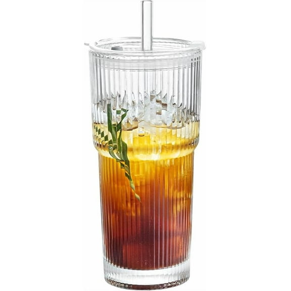 WZW 20oz Glass Cup with Lid and Straw, Vintage Ribbed Glassware for Whiskey Cocktail Beer, Mason Jar Drinking Glasses Tumbler Iced Coffee Cup