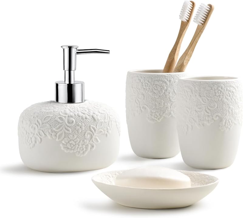 Bathroom Accessories Set with Embossed Design 4PCS, Ceramic White Bathroom Accessory Set Bathroom Toothbrush Holder Set Home Decor, 1 Soap Dispenser 13.5oz, 2 Tumbler Cup, 1 Soap Dish - Walmart.com