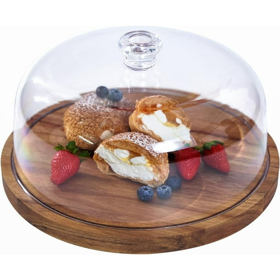 WZW Cake Stand with Lid, Acacia Wood 12in Round Cake Holder, 2-in-1 Dessert Table Display Set & Charcuterie Board for Cheese, Chips & Dips, Nachos, Fruit Platter, Large Acrylic Cake Dome Cover
