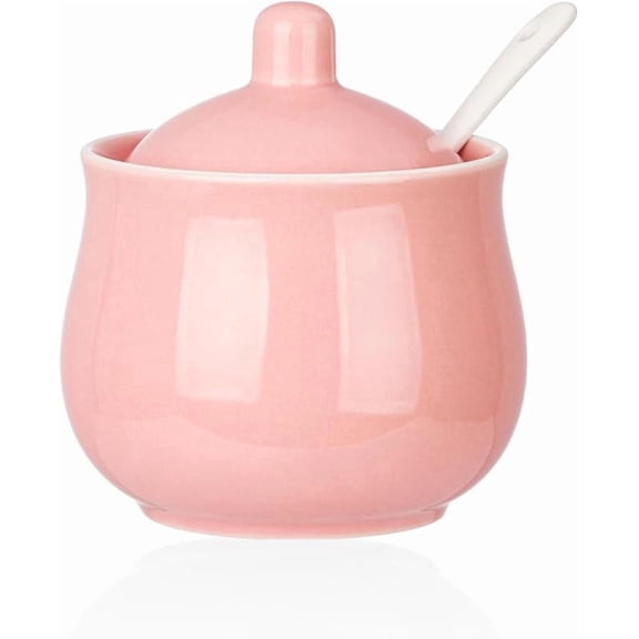 Funpisea Ceramic Sugar Bowl with Lid and Spoon  Pink 8 oz Porcelain Storage Jar for Salt and Pepper