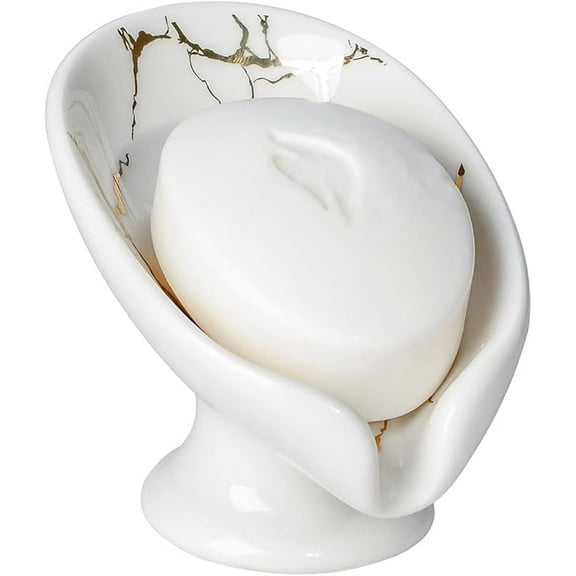 WZW Soap Dish, Soap Holder Self Draining Leaf Shape Soap Dishes, Ceramic Drain Soap Dish for Sink Bathroom Shower Kitchen, Easy to Clean Keeps Soap Dry, Cream White & Gold Marble Pattern