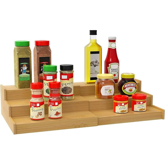 WZW Spice Rack Organizer for Cabinet, 3 Tier Expandable Bamboo Spice Storage, Great for Kitchen Cabinet, Cupboard,Pantry and More
