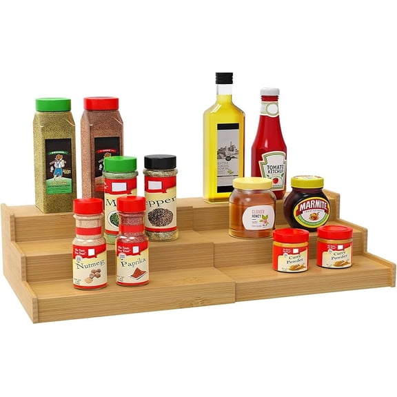 WZW Spice Rack Organizer for Cabinet, 3 Tier Expandable Bamboo Spice Storage, Great for Kitchen Cabinet, Cupboard,Pantry and More