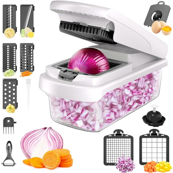 WZW Vegetable Chopper for Slicer, 15-In-1 Veggie Choppers, Cheese Grater, Onion Cutter with Container, Kitchen Gadgets Essentials, Vegetable Dicer, Onion Mincer Tomato Slicer (White)