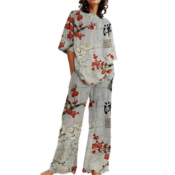 WZX FASHION Women‘s Floral Print Pajama Set Plus Size Summer Loungewear Oversized Top Straight Leg Pants Two Piece Soft Sleepwear Grey S