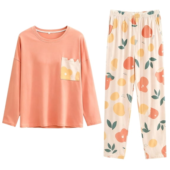 WZX FASHION Women‘s Printed Fleece Pajama Set Long Sleeve Plush Nightwear Soft & Warm Two Piece Loungewear Orange XXL