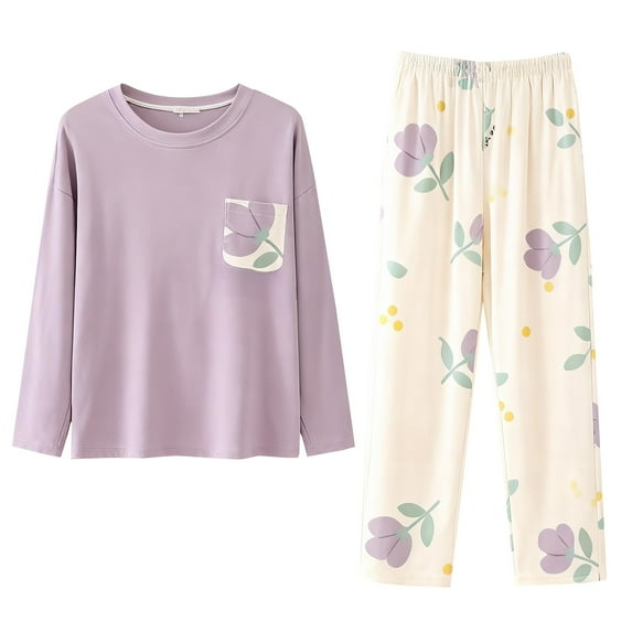 WZX FASHION Women‘s Printed Fleece Pajama Set Long Sleeve Plush Nightwear Soft & Warm Two Piece Loungewear Purple M