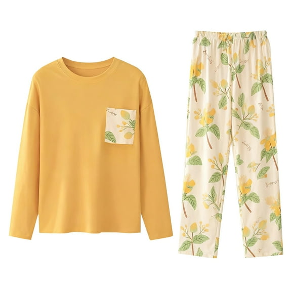 WZX FASHION Women‘s Printed Fleece Pajama Set Long Sleeve Plush Nightwear Soft & Warm Two Piece Loungewear Yellow L