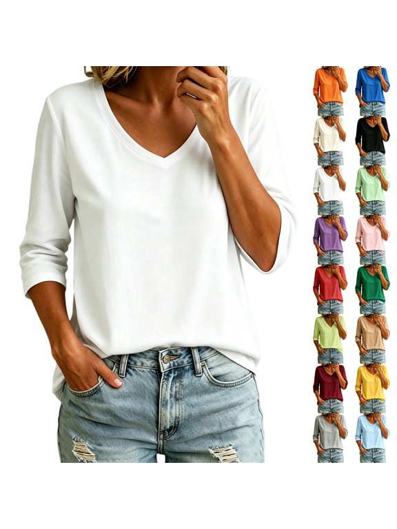Shirts for Women 3/4 Length Sleeve V Neck Solid Color Basic Minimalist Versatile Blouse Tops for Vacation Casual Travel