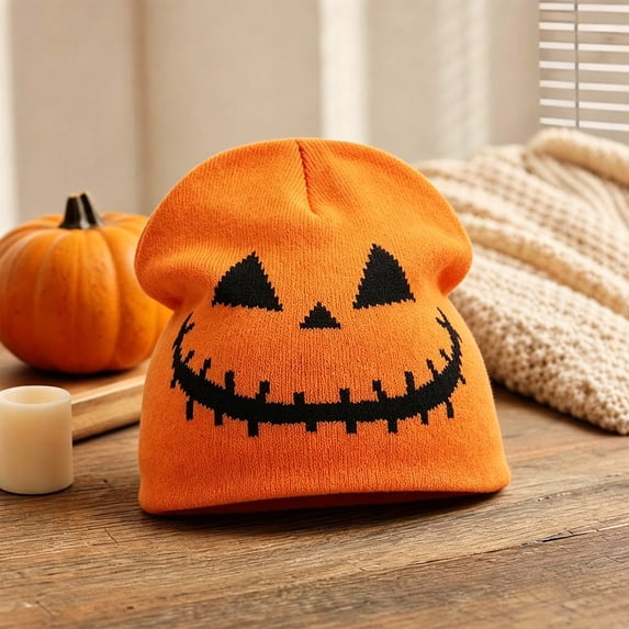 WZXFASHION Beanie Hats for Women with Pumpkin Face Print Skull Cap Novelty Festive Accessory for Cosplay Party Halloween Costume