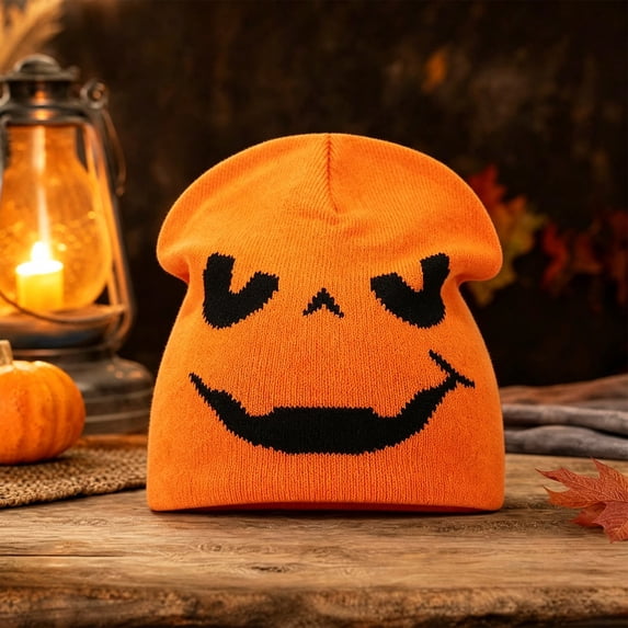 WZXFASHION Beanie Hats for Women with Pumpkin Face Print Skull Cap Novelty Festive Accessory for Cosplay Party Halloween Costume