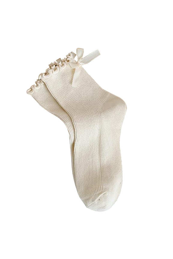 Bow and Ruffle Trim Ankle Socks, Cute Frilly Casual Socks, Soft Cotton Decorated Crew Socks BeigeOne Size