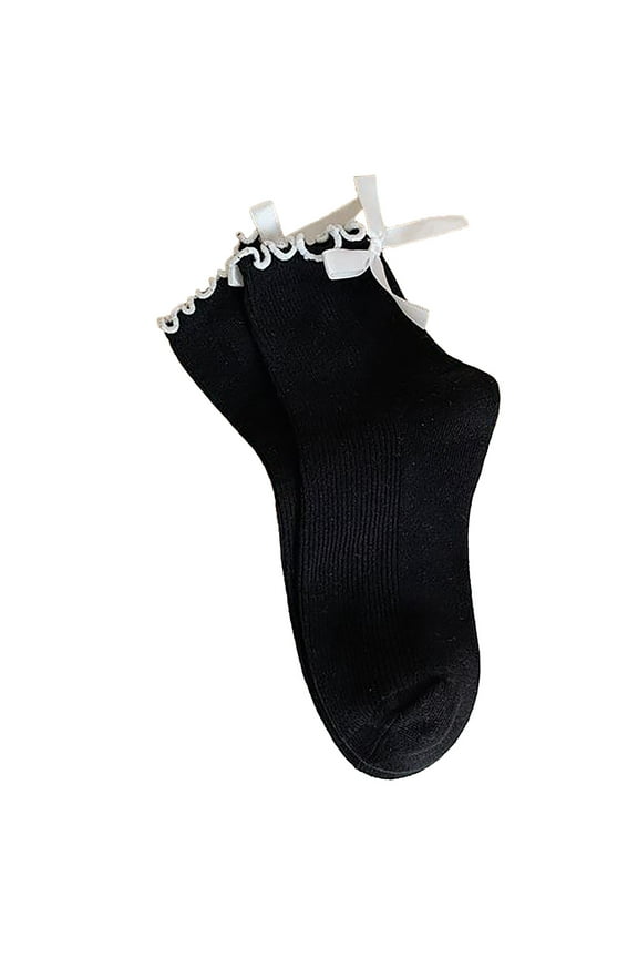 Bow and Ruffle Trim Ankle Socks, Cute Frilly Casual Socks, Soft Cotton Decorated Crew Socks BlackOne Size