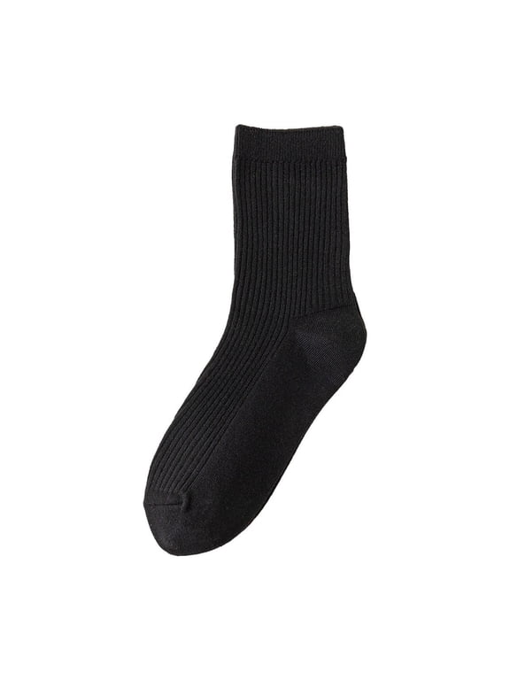 Double Needle Knit Crew Socks, Unisex Everyday Basic Socks, Durable Cotton Blend Ankle Socks BlackOne Size