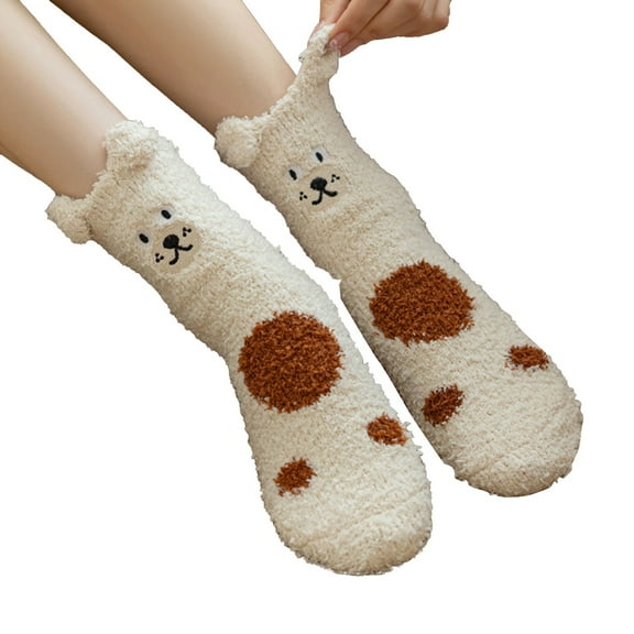 WZXFASHION Embroidered Bear Coral Fleece Socks, Plush Mid Calf House Socks, Cute Non-Slip Indoor Sleeping Socks BeigeOne Size