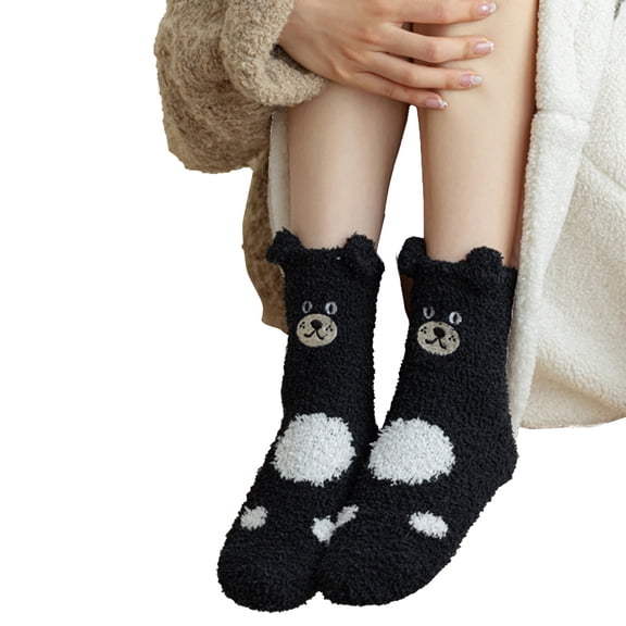 WZXFASHION Embroidered Bear Coral Fleece Socks, Plush Mid Calf House Socks, Cute Non-Slip Indoor Sleeping Socks BlackOne Size