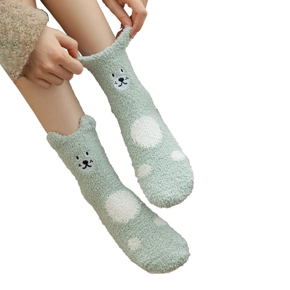 WZXFASHION Embroidered Bear Coral Fleece Socks, Plush Mid Calf House Socks, Cute Non-Slip Indoor Sleeping Socks Light AshyOne Size