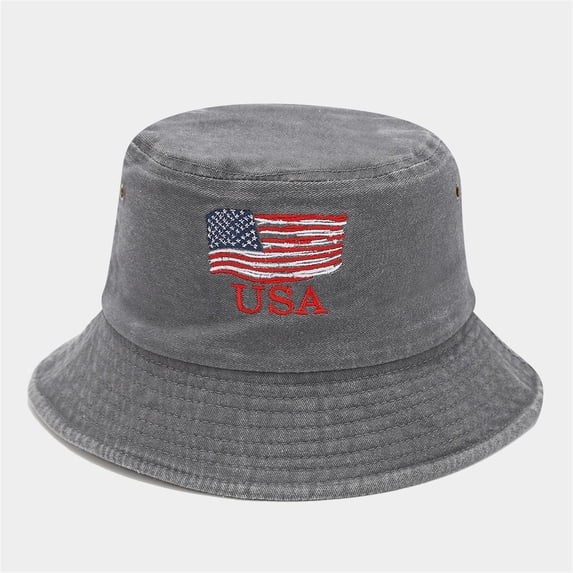 WZXFASHION Fishermen Hats for Women Summer Washed Vintage Style with American Flag Embroidered Fishermen Hats for Seaside Vacation Outdoor Wear