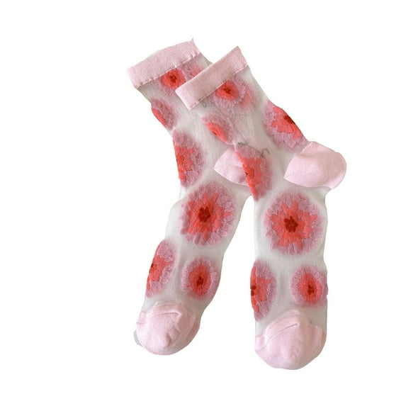 WZXFASHION Floral Sheer Crystal Socks, Embroidered Mesh Mid Calf Socks, Decorative Transparent Layering Socks PinkOne Size